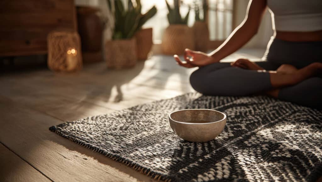 Frau entspannt zu Hause bei einem Morgenritual für Regeneration im Alltag, atmet tief ein und nutzt Achtsamkeit